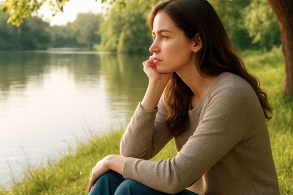une femme assise pres dune riviere regarde le paysage avec un air pensif