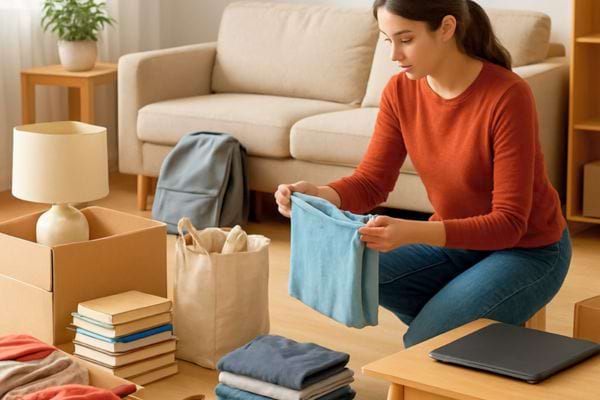 une femme plie des vetements et range des cartons pour un demenagement