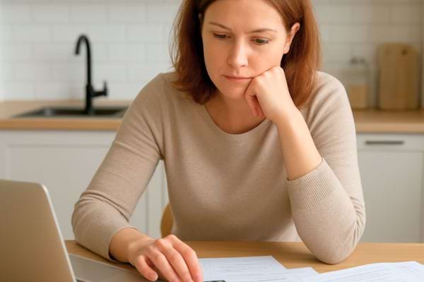 une femme assise regarde des papiers et semble reflechir a ses finances