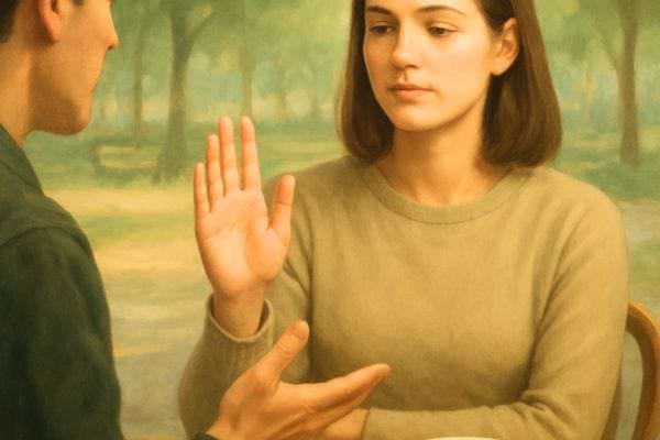 une femme leve la main pour refuser ou stopper une discussion