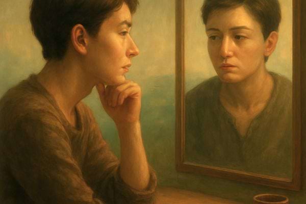 une femme observe son reflet dans un miroir avec un air pensif