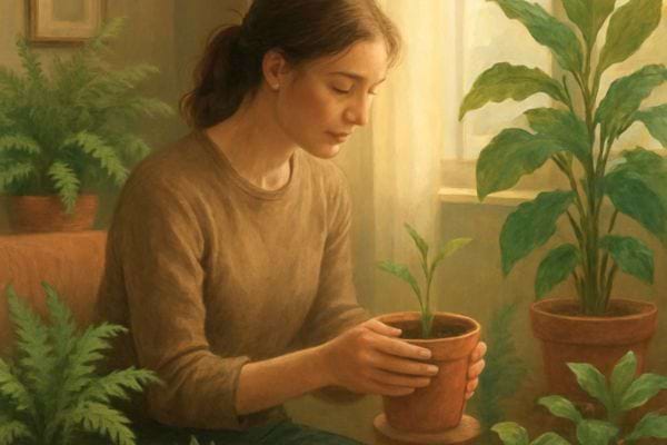 une femme tient un pot avec une jeune plante et semble en prendre soin pres dune fenetre