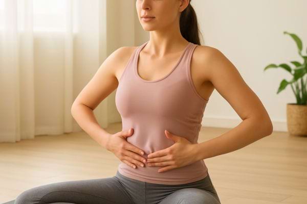 une femme pratique un exercice de respiration en posant les mains sur son ventre