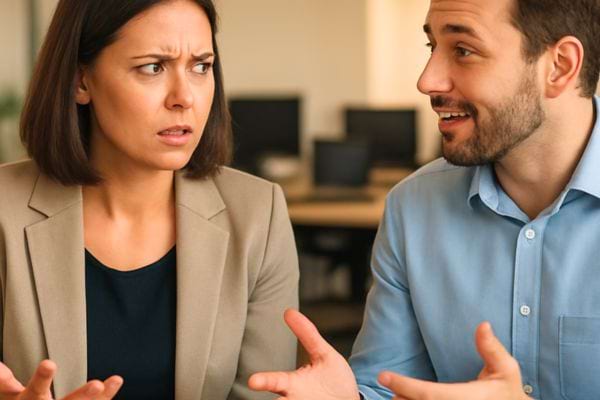 une femme semble surprise ou mefiante tandis quun homme parle avec enthousiasme dans un bureau