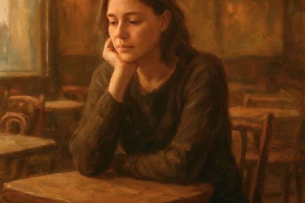 une femme assise seule a une table semble pensive dans un cafe calme