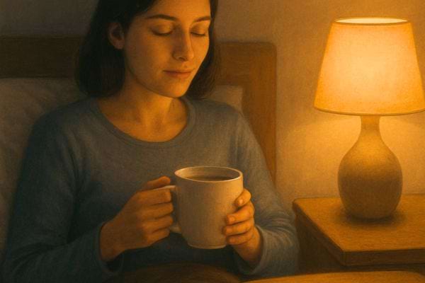une femme tient une tasse chaude pres dune lampe dans une ambiance douce et calme