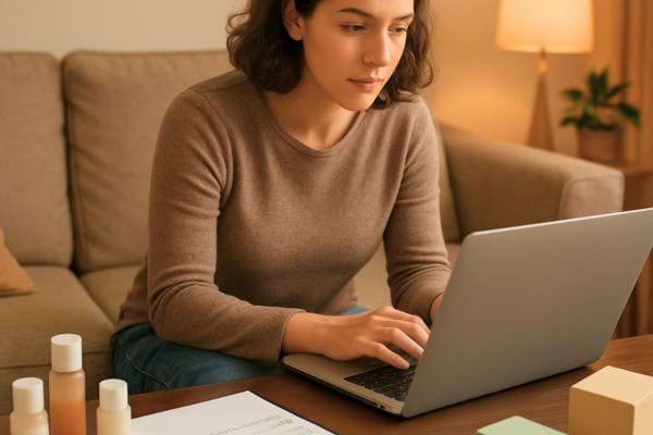 une femme travaille sur un ordinateur portable assise dans son salon