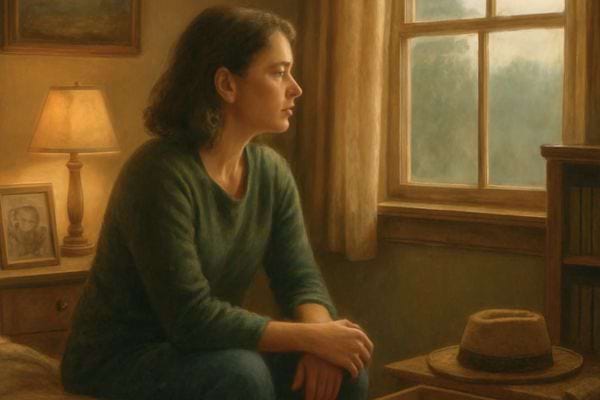 une femme assise regarde pensivement par la fenetre dans une piece calme