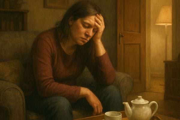 une femme assise dans un fauteuil semble triste et fatiguee