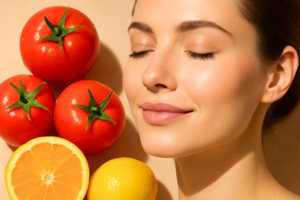 une femme au visage detendu pose pres de tomates et dagrumes