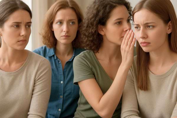une femme chuchote a loreille dune autre pendant que deux autres femmes observent