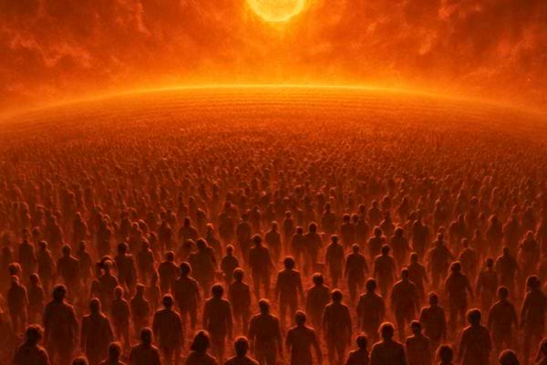 une foule humaine se tient sous un ciel rouge intense face a un soleil brulant