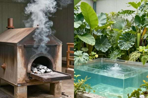 un four exterieur fume a cote dun bassin entoure de plantes vertes