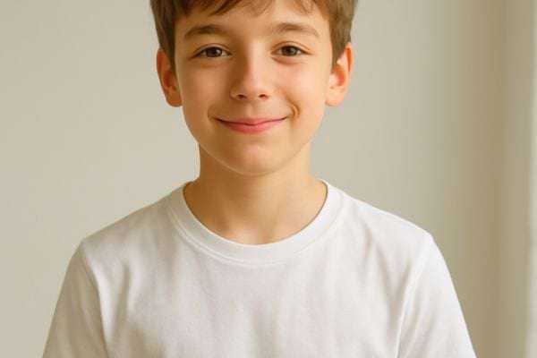 un jeune garcon sourit face a la camera avec un fond neutre