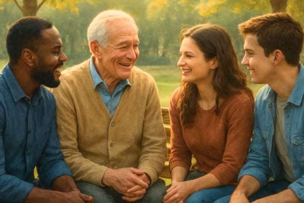 quatre personnes de generations differentes discutent et rient assises dans un parc