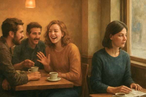 trois personnes discutent et rient dans un cafe tandis qu une femme semble isolee pres de la fenetre