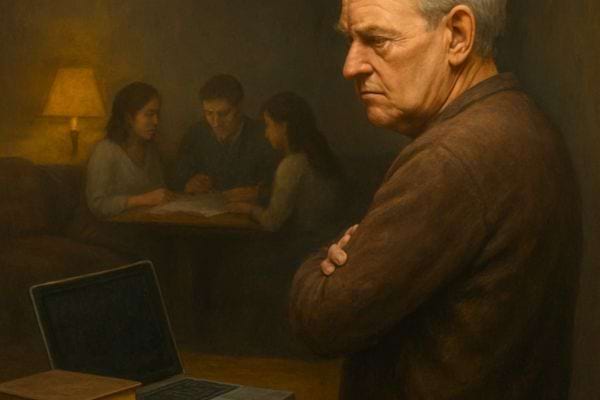 un homme age croise les bras pres dun ordinateur tandis quune famille discute en arriere plan