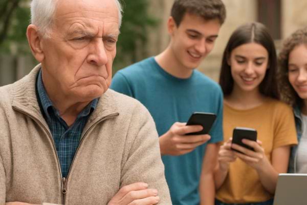 un homme age croise les bras avec un air contrari&eacute; pendant que des jeunes regardent leurs telephones