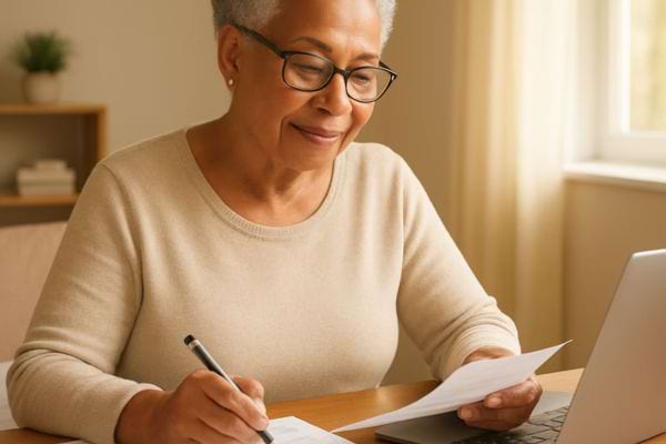 une femme agee lit un document et ecrit a son bureau avec un ordinateur