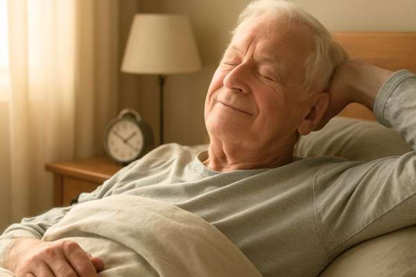 un homme age repose tranquillement dans son lit avec un air detendu