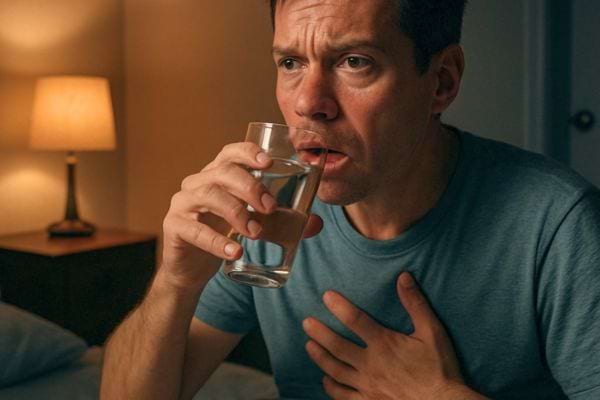 un homme boit un verre deau la nuit en tenant sa poitrine