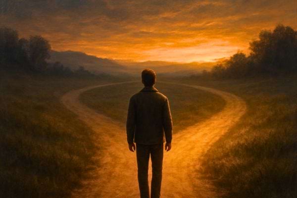 un homme se tient face a un chemin qui se divise au coucher du soleil