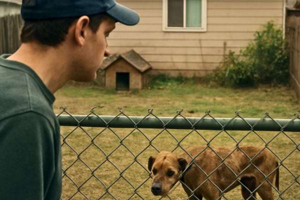 un homme observe un chien derriere une cloture dans un jardin sec