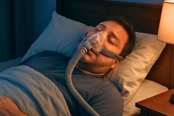 un homme dort dans son lit avec un appareil respiratoire