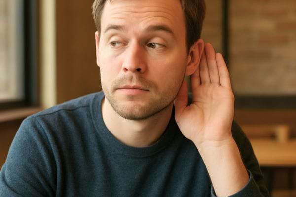 un homme incline la tete et place sa main derriere son oreille pour mieux entendre