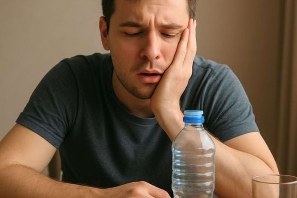 un homme fatigue est assis devant une bouteille et un verre deau