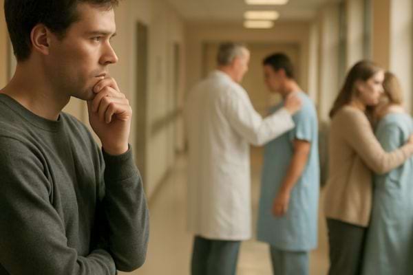 un homme pensif se tient dans un couloir dhopital tandis quun medecin parle a un patient