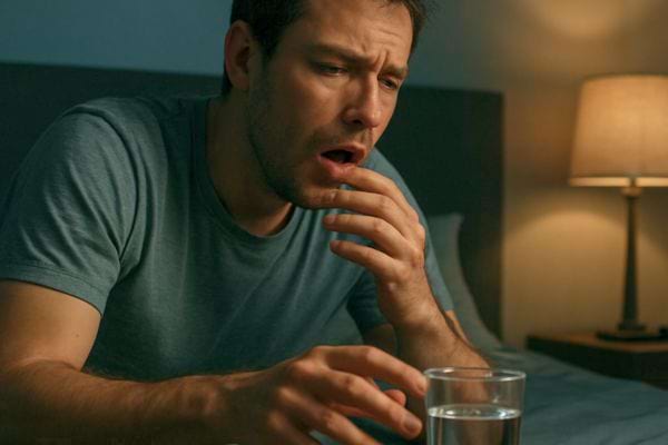 un homme assis dans son lit semble avoir mal a la gorge et regarde un verre deau