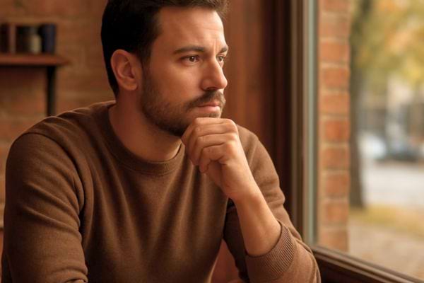 un homme assis regarde par la fenetre avec une expression pensive