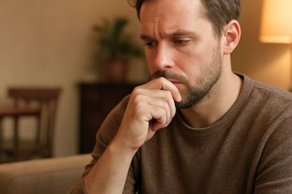 un homme assis semble reflechir avec la main sur la bouche dans un salon