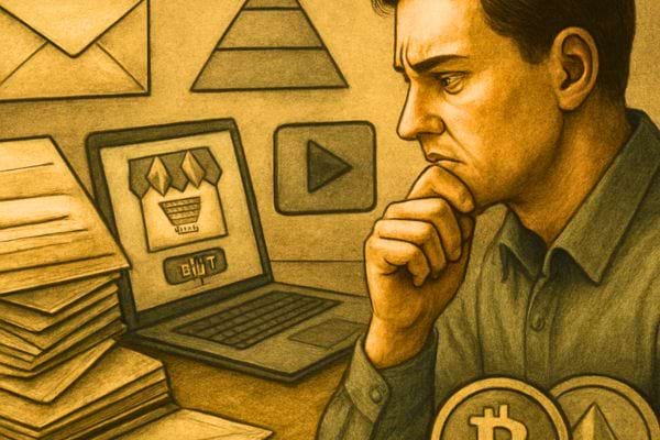 un homme reflechit devant un ordinateur avec des symboles financiers