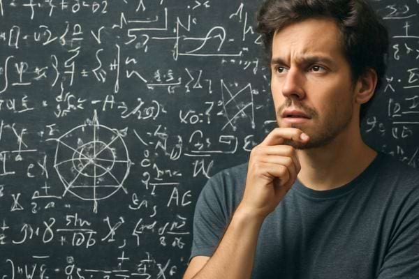 un homme reflechi devant un tableau rempli de formules mathematiques