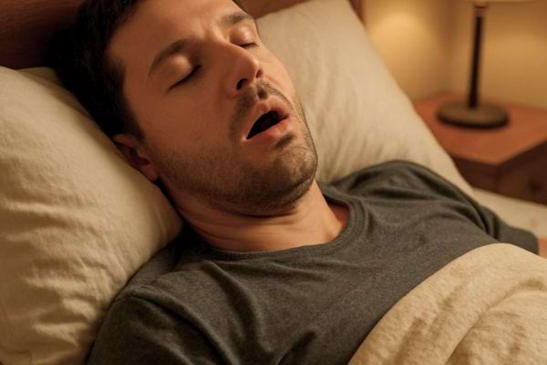 un homme dort la bouche ouverte dans son lit pendant la nuit