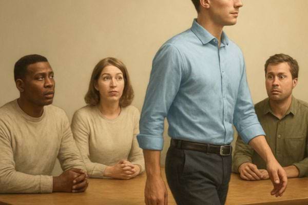 un homme se leve dune table pendant que les autres le regardent surpris