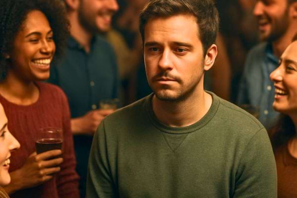 un homme semble triste et isole au milieu dun groupe de personnes qui rient