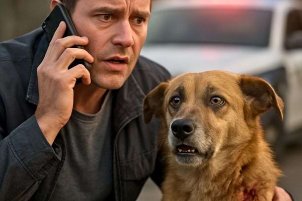 un homme inquiet parle au telephone en tenant un chien semble blesse