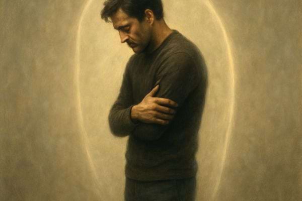 un homme seul regarde le sol les bras croises avec un air triste