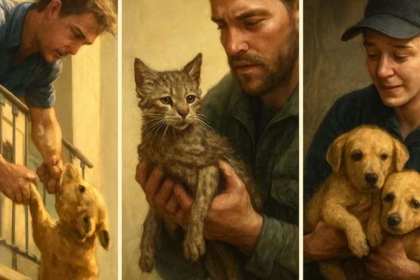 des hommes tiennent un chaton et des chiots dans une scene evocant un sauvetage animal