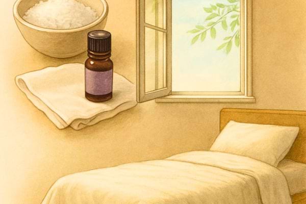 illustration dune chambre avec huile essentielle serviette et sel