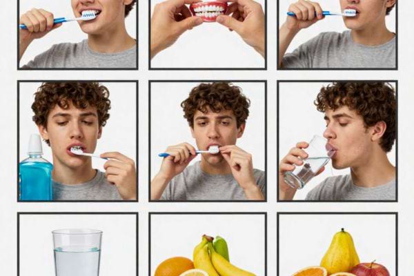 plusieurs images montrent le brossage des dents et soins buccaux