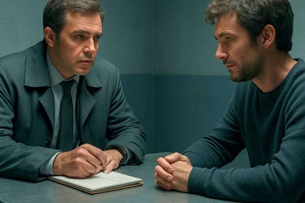 un homme parle avec un autre assis face a lui autour dune table dans une piece sobre