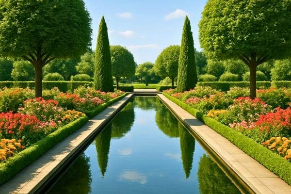 un jardin soigne avec des allees fleuries et un bassin central symetrique
