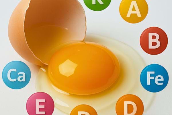 un jaune doeuf cru est entoure de lettres representant vitamines et mineraux