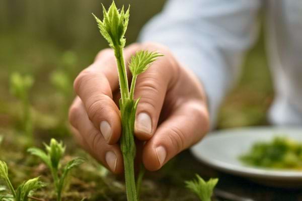 une main tient une jeune pousse verte fraichement cueillie dans la nature