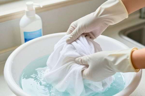 linge blanc lave a la main dans une bassine avec des gants