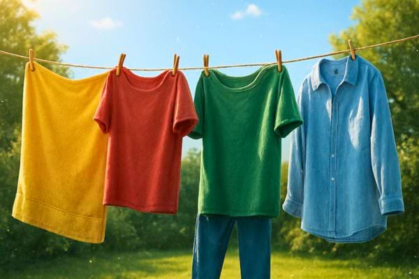 des vetements colores sont suspendus a une corde a linge en plein air